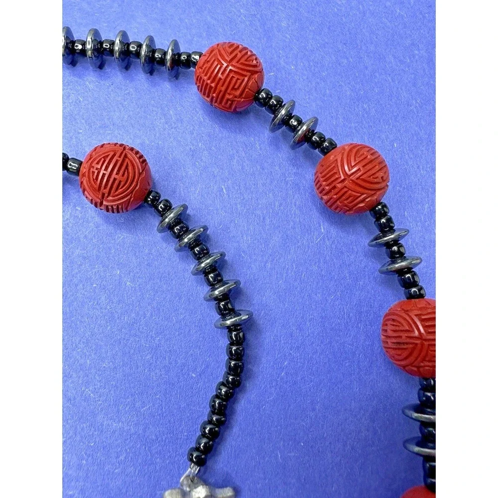 Cinnabar Hand Carved Necklace Red Beads Dangle Hematite Black Quartz ‎ 22